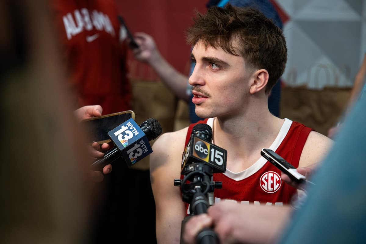 Alabama forward Grant Nelson (#2) speaks with the media prior to the Men’s Final Four.