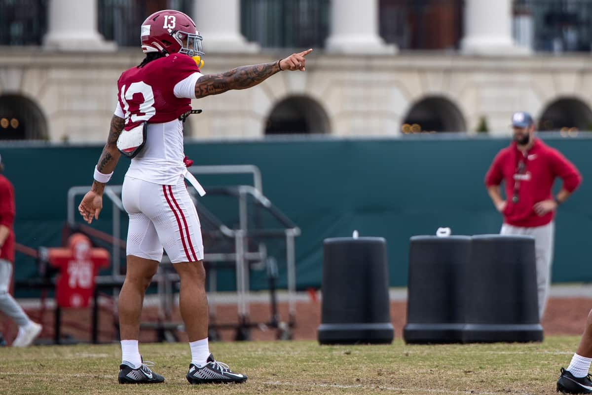 Alabama safety Malachi Moore (#13) sets up before a practice drill.