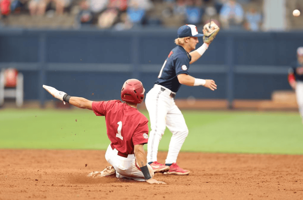 Alabama+baseball+player+Justin+Lebron+%281%29+slides+into+base+against+Ole+Miss+at+Swayze+Field+in+Oxford%2C+MS+on+Thursday%2C+Apr+25%2C+2024.