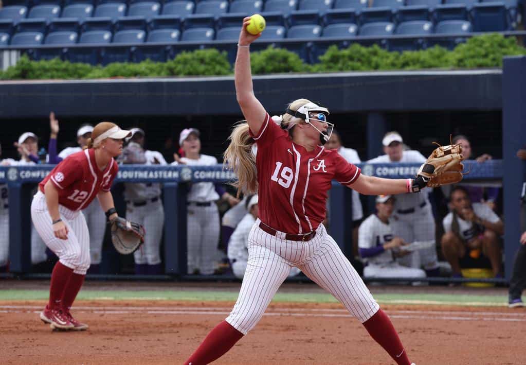 Alabama softball player Kayla Beaver pitches the ball against LSU in the SEC Tournament at the Auburn Softball Complex in Tuscaloosa on May 8.