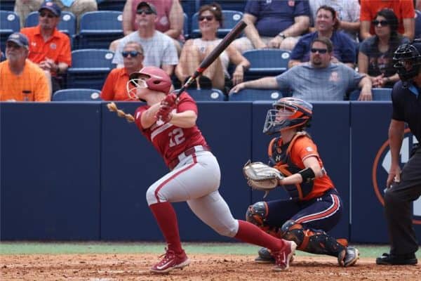Alabama softball player Emma Broadfoot (12) swings at the ball against Auburn at Jane B. Moore Field in Auburn, AL on Saturday, May 4, 2024.