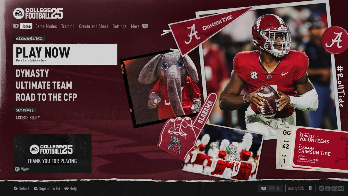 The main menu of EA Sports College Football 25 displays all the main game modes, including the fan-favorite Dynasty mode.