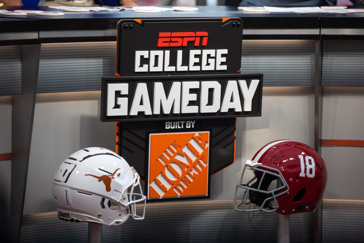Alabama and Texas football helmets are set up to face each other during College GameDay prior to the game in 2023.