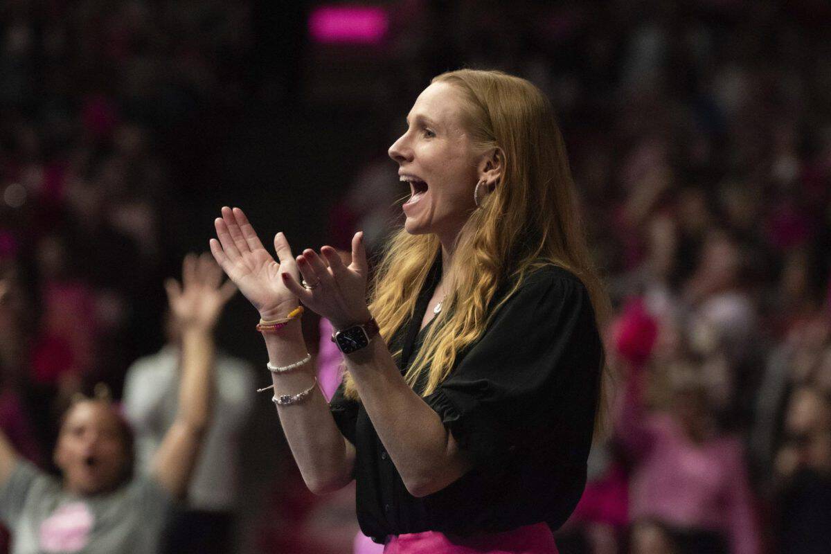 Alabama Women's Gymnastics coach Ashley Johnston at the Power of Pink meet on Feb. 22