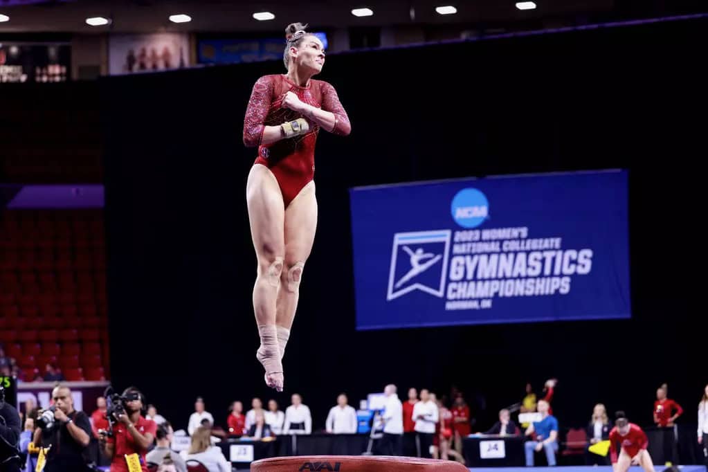 Alabama gymnast Shallon Olsen vaults during the 2023 NCAA Gymnastics Regional at Lloyd Noble Center in Norman, Oklahoma, on April 1, 2023.