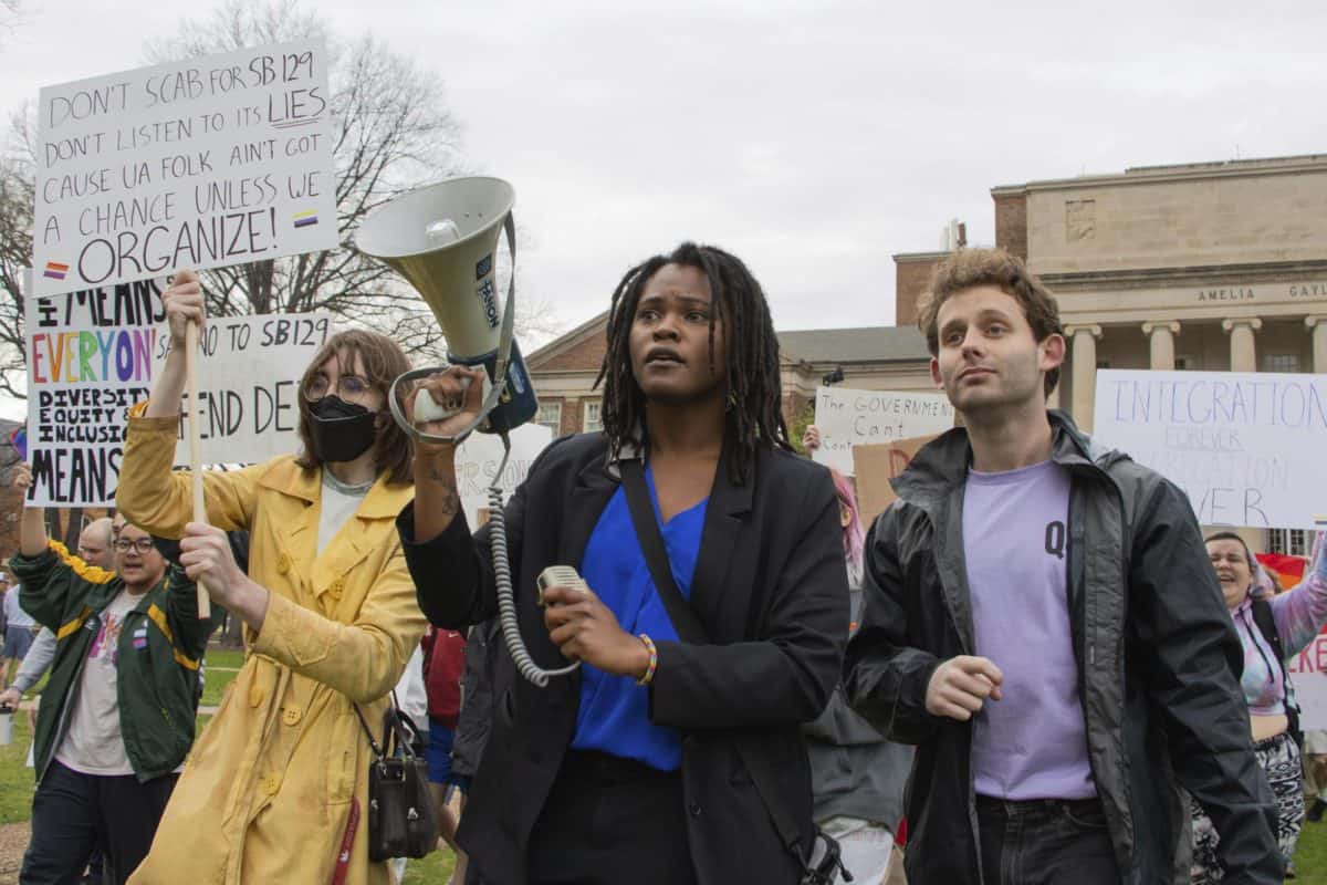 Students demonstrate in support of DEI programs at a February protest.