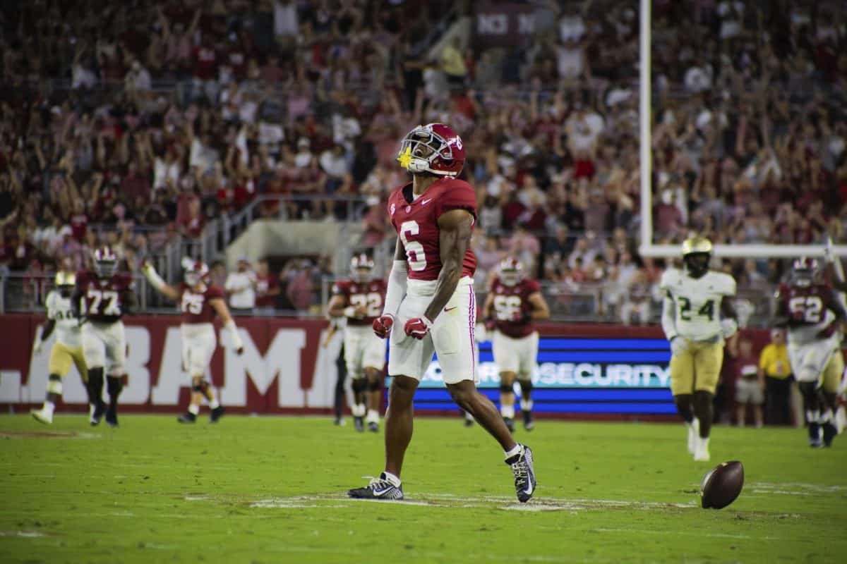 Albama wide receiver Kobe Prentice flexes after catching a pass in the Crimson Tide's Week 2 win versus South Florida. 