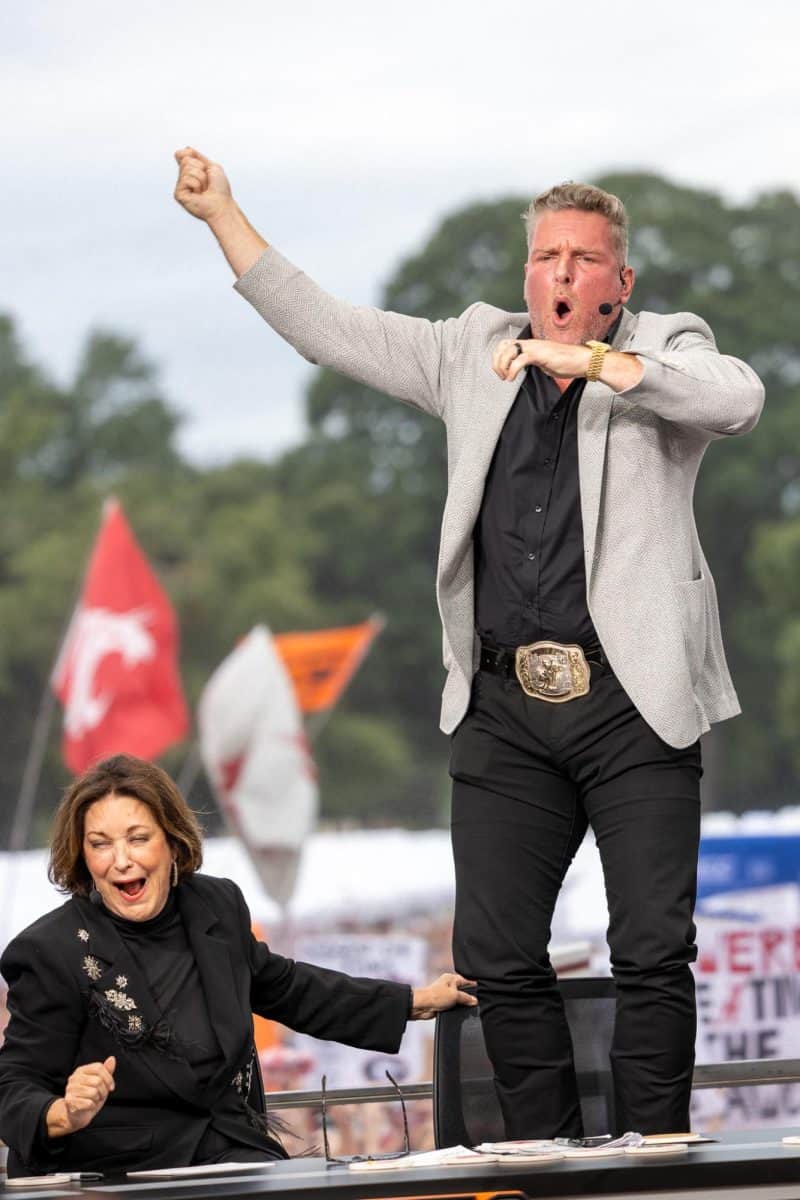 Pat McAfee cheers on the set of College GameDay.