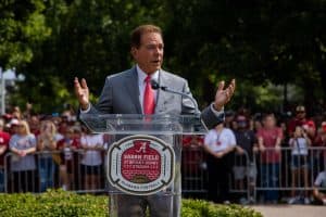 Former Alabama head coach Nick Saban speaks Saturday at a dedication ceremony for Saban Field.