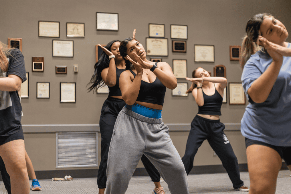 Riptide dance crew members practice at the Student Center. 