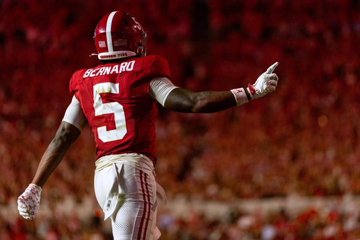 Alabama wide receiver Germie Bernard (#5) celebrates a 2-point converstion against Georgia.