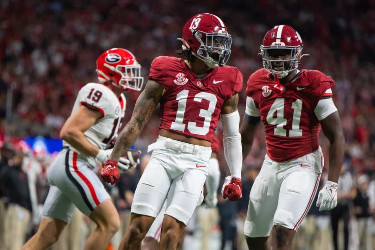 Alabama defensive back Malachi Moore (#13) gets ready in between plays during the 2023 SEC Championship.