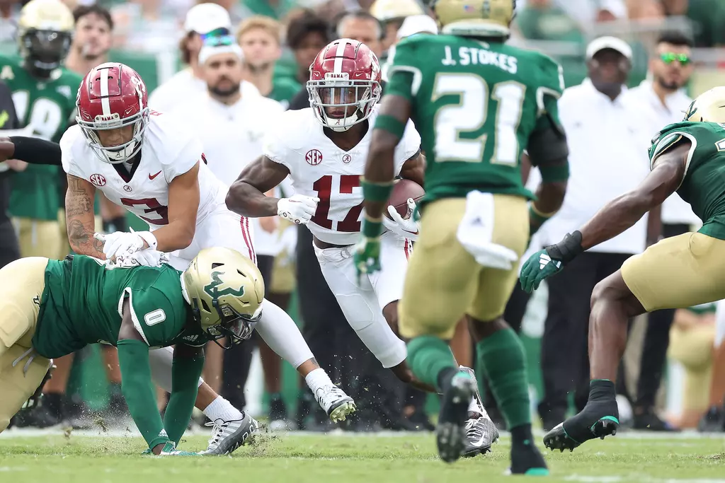 Alabama wide receiver Isaiah Bond (#17) runs the ball down the field against USF at Raymond James in Tampa, FL on Saturday, Sep 16, 2023.