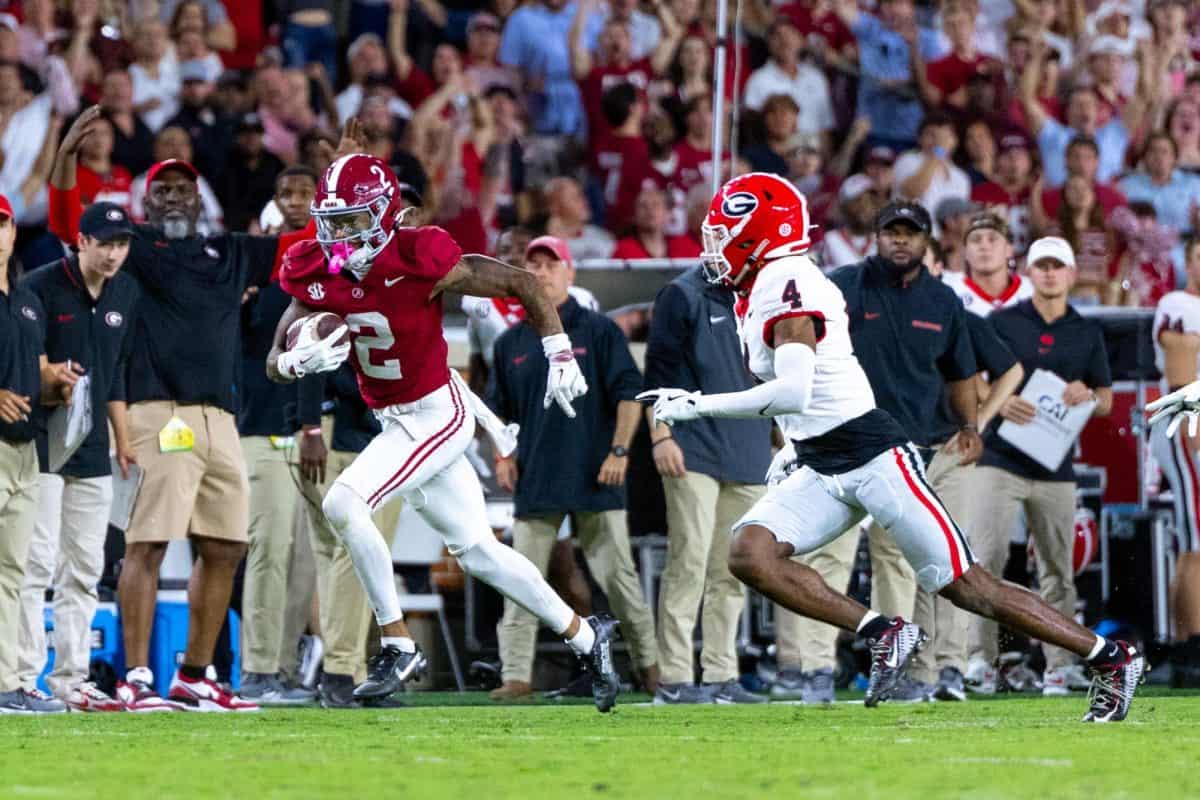 Alabama wide receiver Ryan Williams (#2) runs past a Georgia defender.