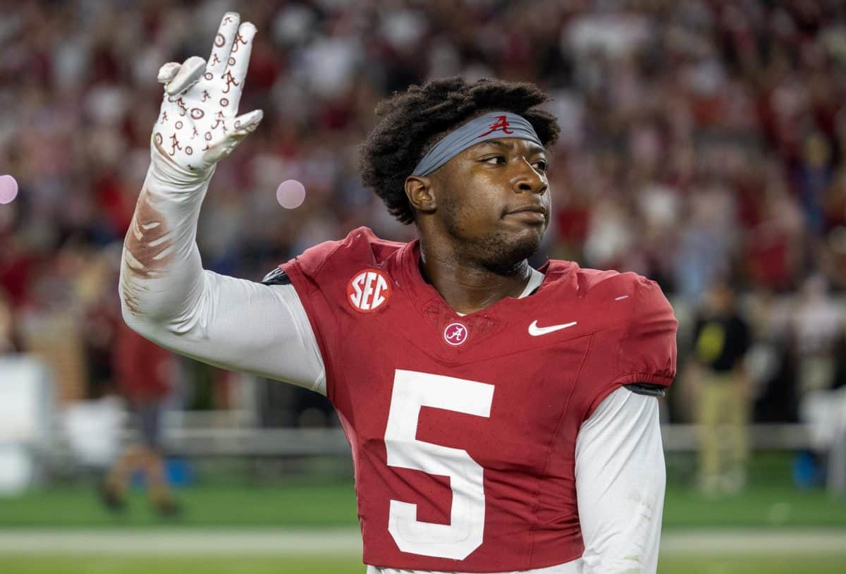 Alabama defensive back King Mack (#5) signals to the crowd after defeating Georgia.