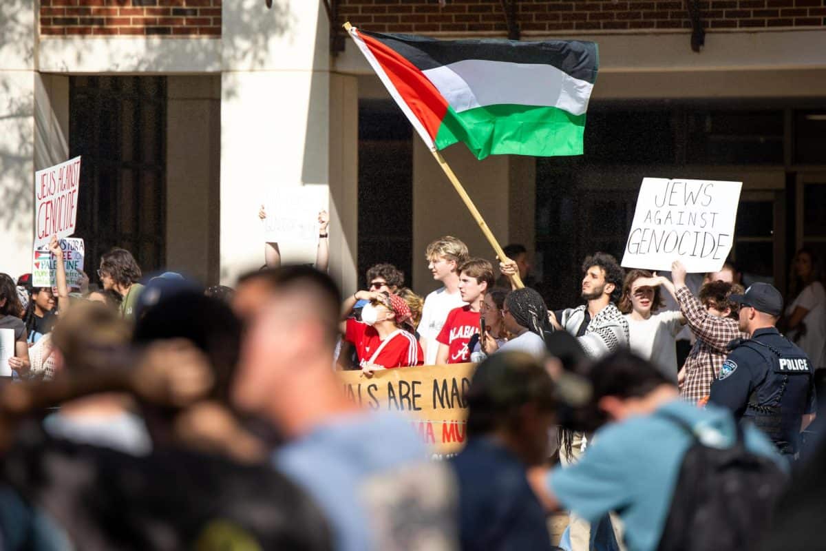 Students demonstrate in support of Palestine on the Student Center Plaza on May 1, 2024.