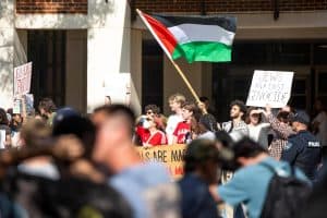 Students demonstrate in support of Palestine on the Student Center Plaza on May 1, 2024.