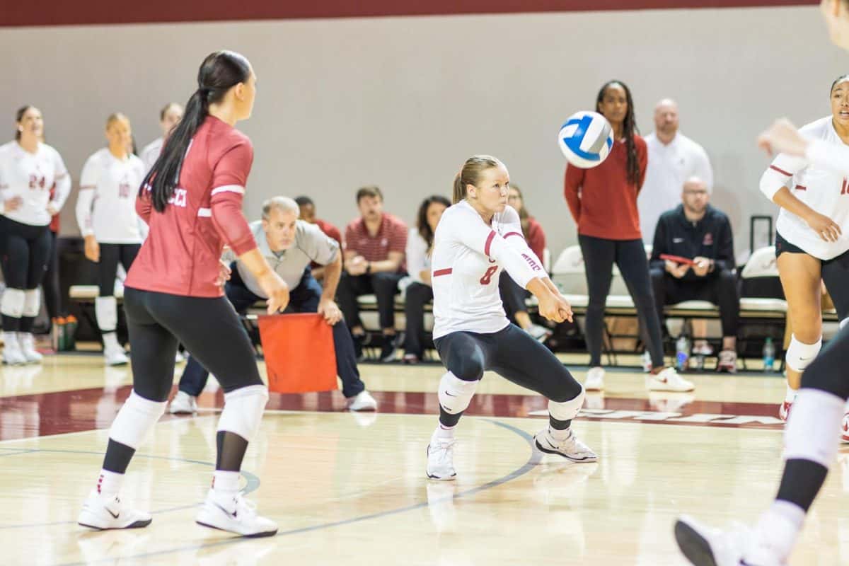 Alabama volleyball player Lindsey Brown (#8) prepares to bump the ball up against Florida State.