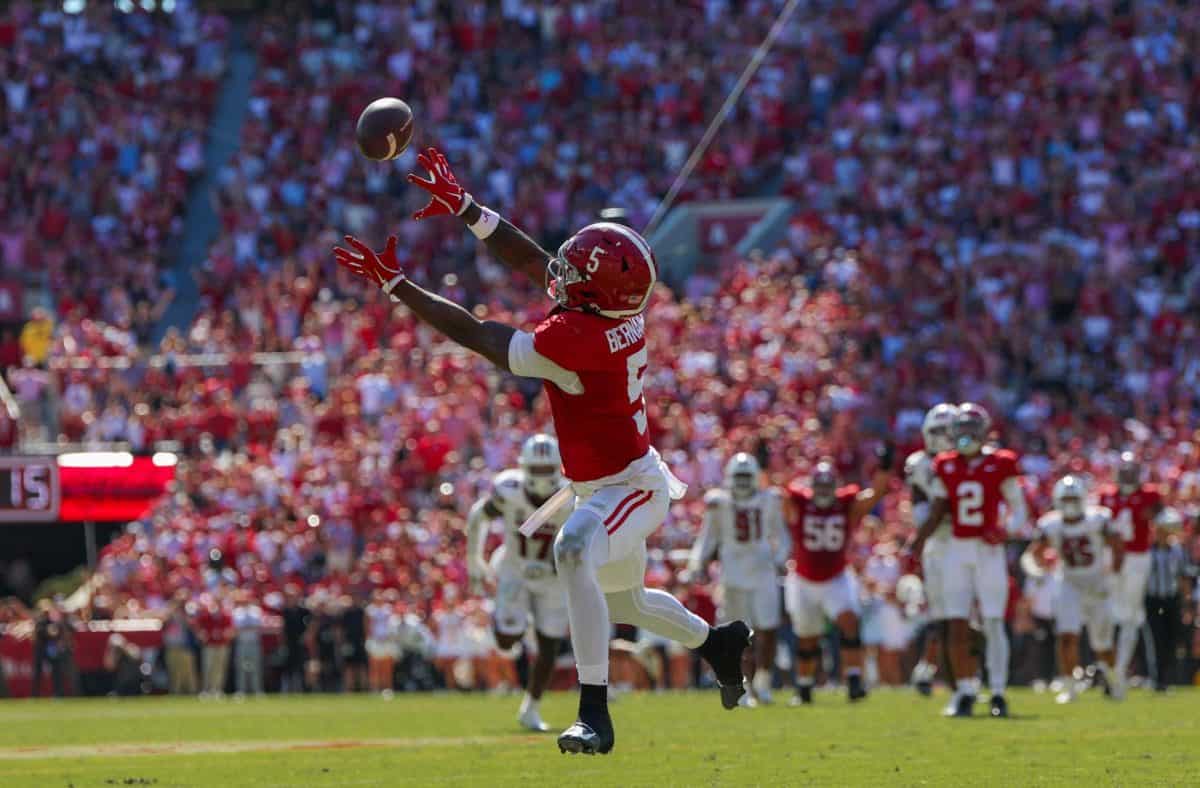 Alabama wide receiver Germie Bernard (#5) jumps to make a catch against South Carolina.