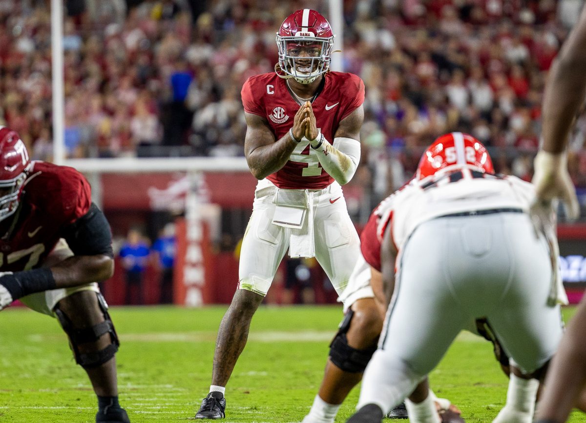 Alabama quarterback Jalen Milroe (#4) prepares to take a snap against Georgia on Sept. 28, 2024.