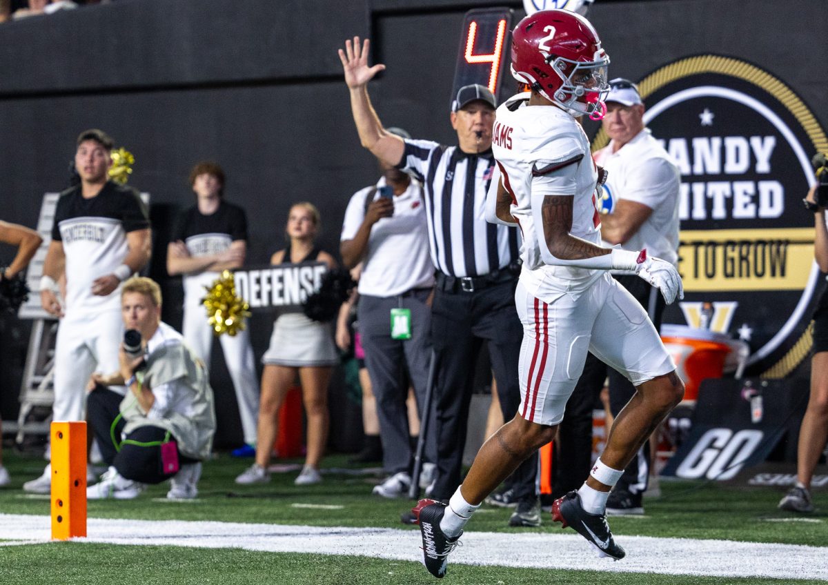 Alabama wide receiver Ryan Williams (#2) runs into the end zone for a touchdown against Vanderbilt.