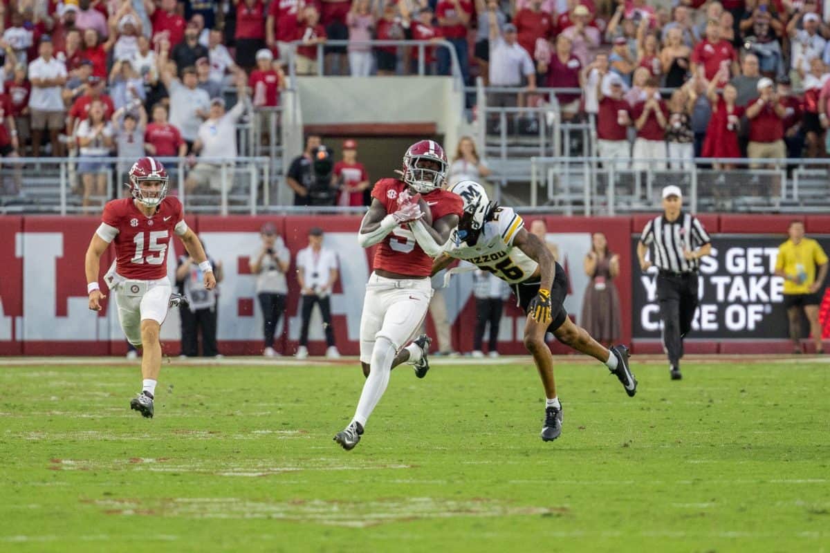 Alabama running back Richard Young (#9) runs down the field against Missouri.