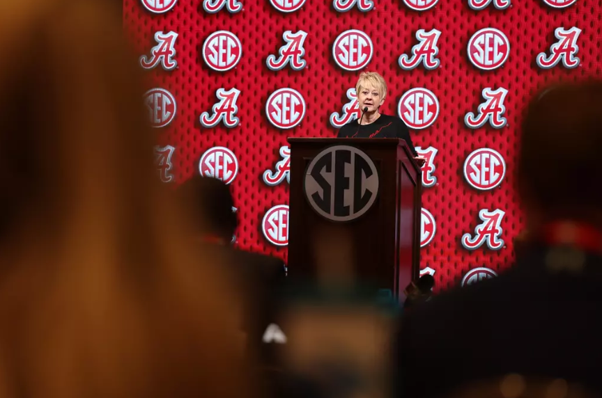 Alabama head coach Kristy Curry during press conference during SEC Media Day at Grand Bohemian Hotel in Birmingham, AL on Wednesday, Oct 16, 2024.