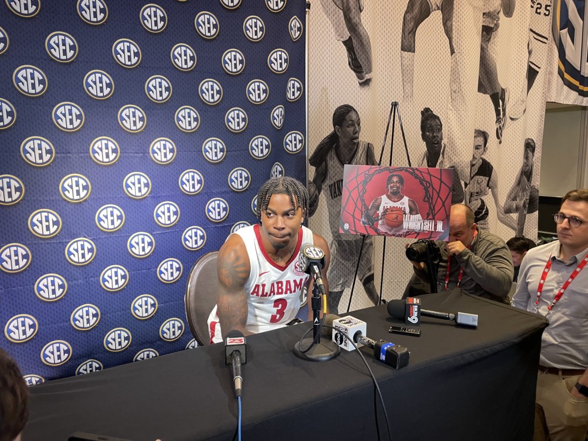 Latrell Wrightsell Jr. takes question from members of the media at SEC Tipoff 2024.