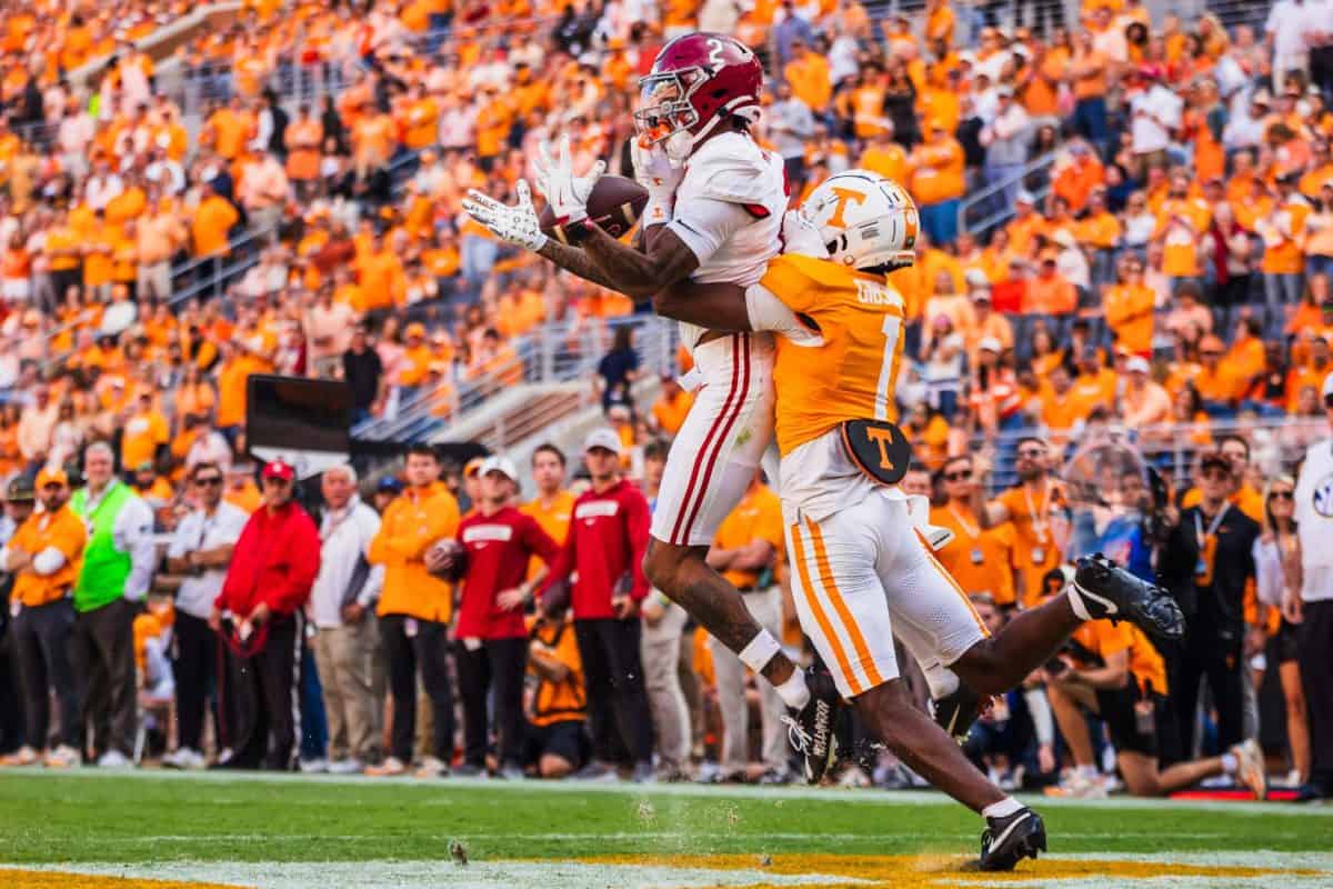 Alabama wide receiver Ryan Williams (#2) jumps to catch a pass for a touchdown against Tennessee.