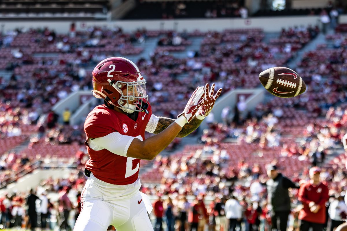 Alabama defensive back Zabien Brown (#2) catches a ball during warm-ups.