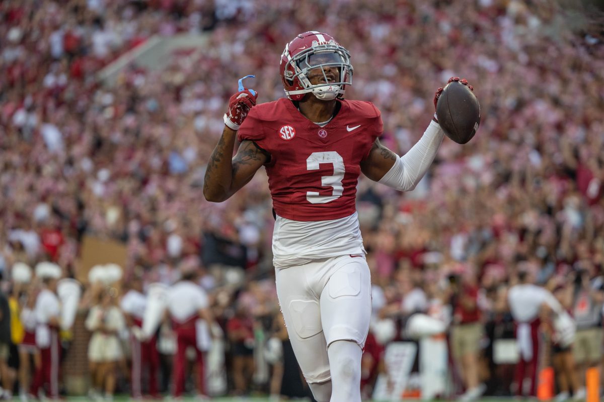 Alabama safety Keon Sabb (#3) celebrates after an interception against Western Kentucky.