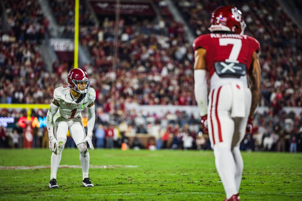 Alabama defensive back Domani Jackson (#1) lines up before a play against Oklahoma.