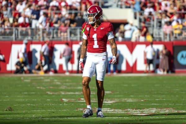 Alabama defensive back Domani Jackson (#1) looks down the field. 