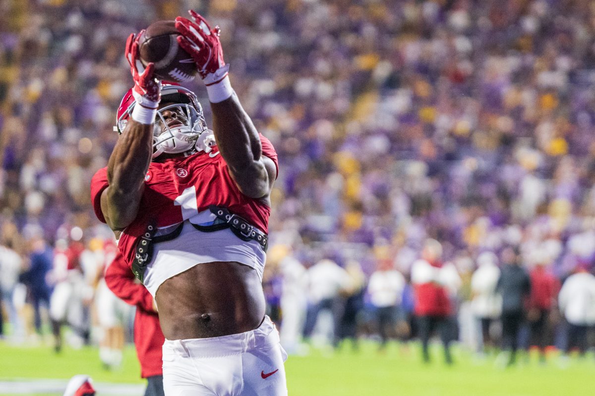 Alabama wide receiver Kendrick Law (#1) catches a ball during warmups against LSU.