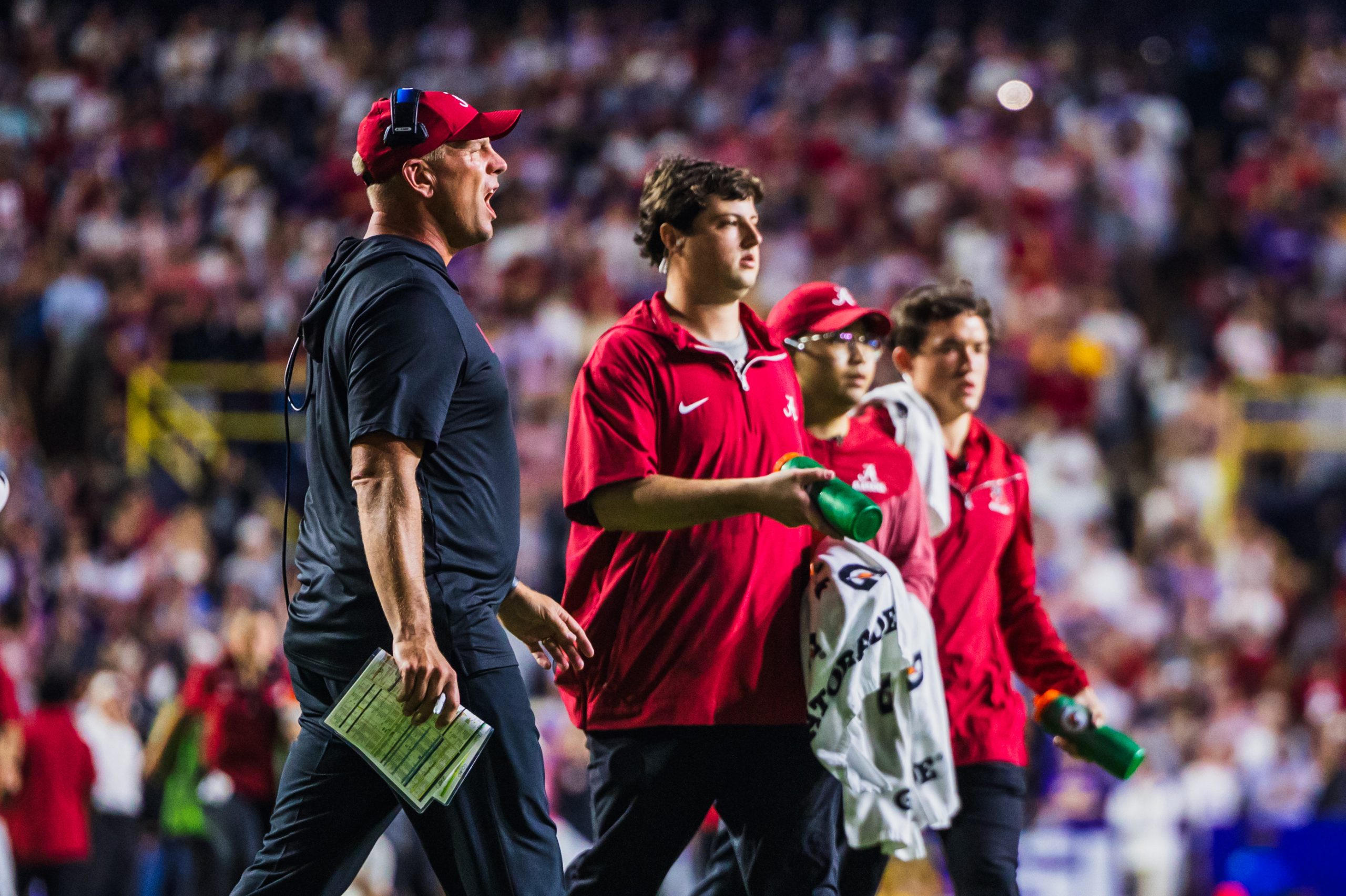 Alabama head coach Kalen DeBoer yells from the sideline during a timeout against LSU.