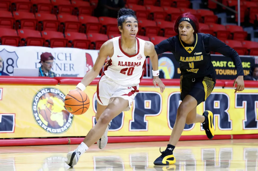 Alabama guard Diana Collins (#20) dribbles down the court against Alabama State during the Emerald Coast Classic.