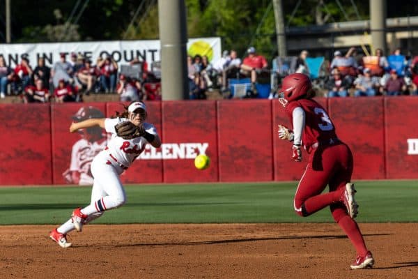 Alabama outfielder Kristen White (# 3) runs to second base against Ole Miss on April 6, 2024. 