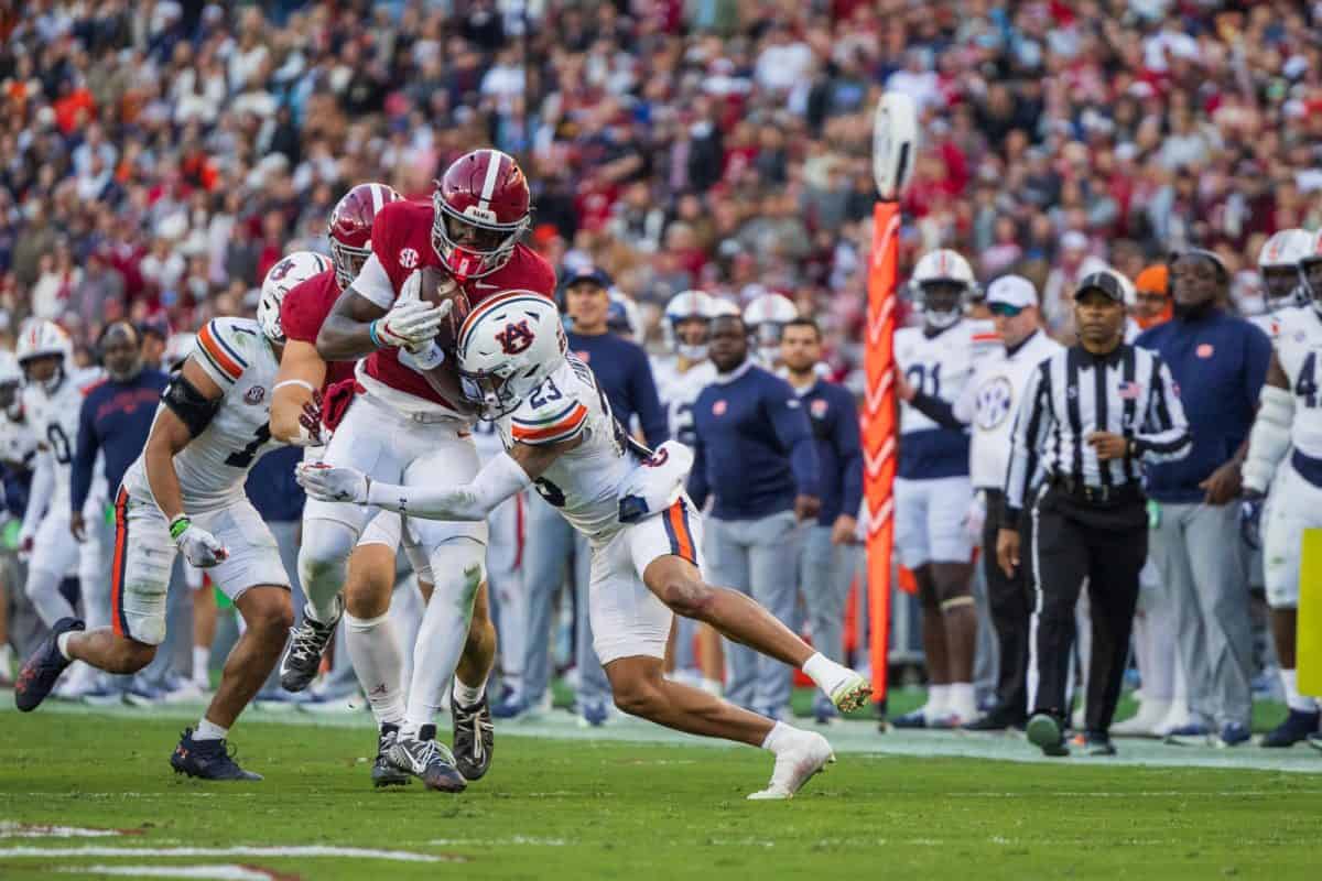 Alabama wide receiver Germie Bernard (#5) runs the ball. 
