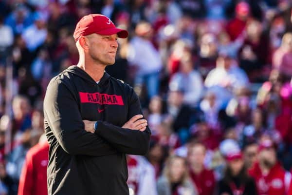 Alabama Head Coach Kalen Deboer watches the team. 