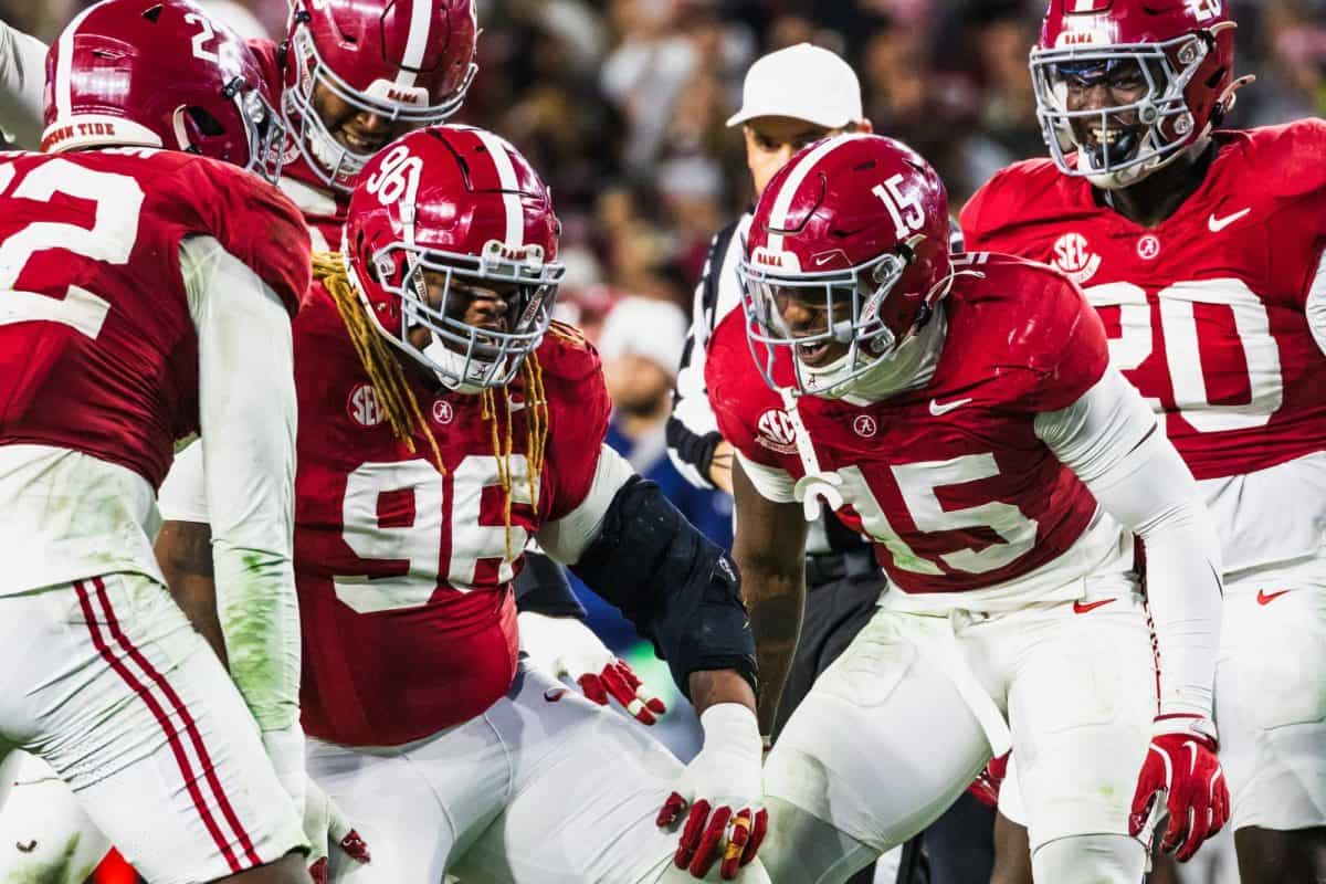 Alabama defensive lineman Tim Keenan (#96) celebrates after a sack.