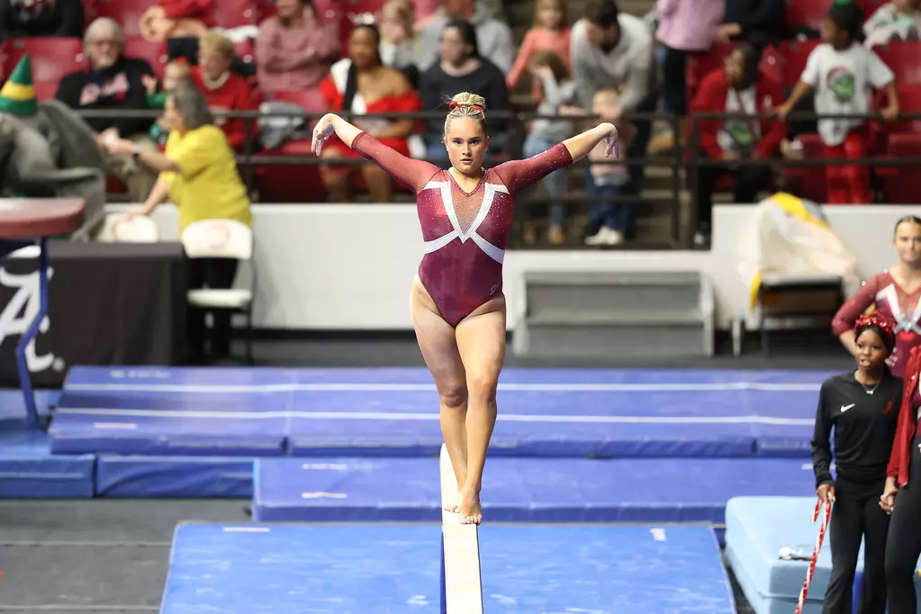 Alabama Gymnast Gabby Gladieux poses during Crimson vs White Preview meet at Coleman Coliseum in Tuscaloosa, AL on Friday, Dec 6, 2024.