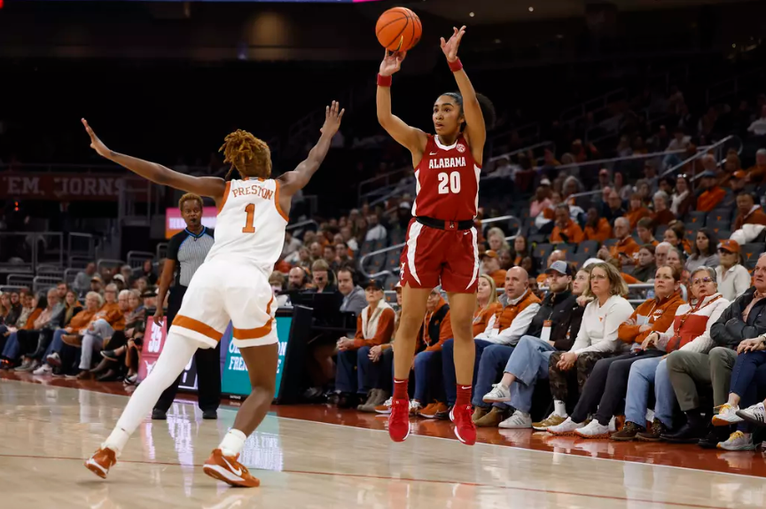 Alabama guard Diana Collins (#20) shoots a three against Texas.