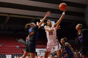 Alabama Guard Diana Collins (#20) goes for a layup at Coleman Coliseum in Tuscaloosa, AL on Thursday, Jan 2, 2025.