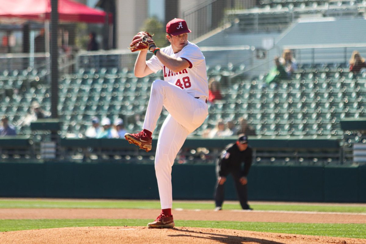 Alabama pitcher Bobby Alcock (#48) pitches against North Dakota State at Sewell-Thomas Stadium in Tuscaloosa, AL on March 2, 2025.