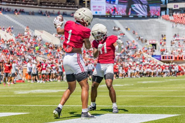 Alabama wide receiver Isaiah Horton (#1) celebrates during A-Day at Bryant-Denny Stadium in Tuscaloosa, AL on April 12, 2025.