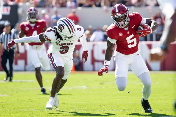 Alabama wide receiver Germie Bernard (#5) runs toward the endzone against South Carolina on Oct. 12, 2024. 