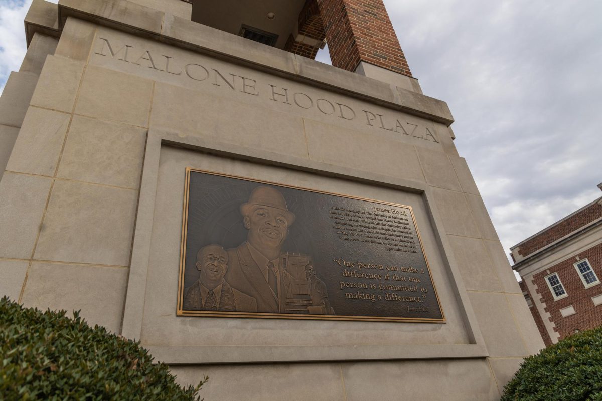 Vivian Malone and James Hood’s plaques on the Autherine Lucy Clock Tower located on the Malone-Hood Plaza.