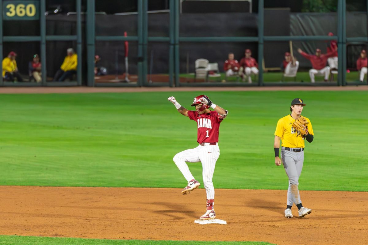 Alabama infielder Justin Lebron (#1) celebrates against Southern Mississippi at Sewell-Thomas Stadium in Tuscaloosa, AL on April 8, 2025.