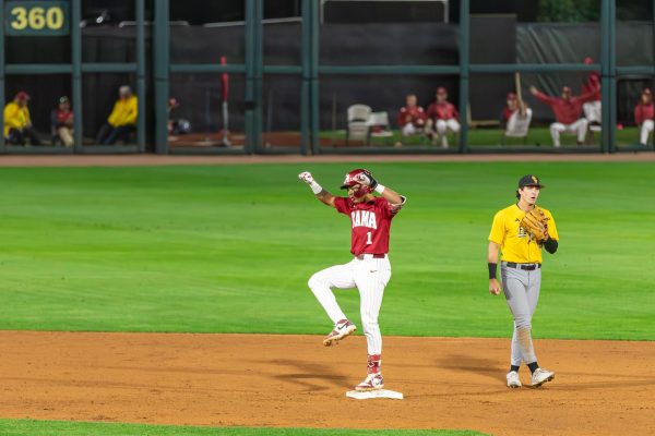 Alabama infielder Justin Lebron (#1) celebrates against Southern Mississippi at Sewell-Thomas Stadium in Tuscaloosa, AL on April 8, 2025.