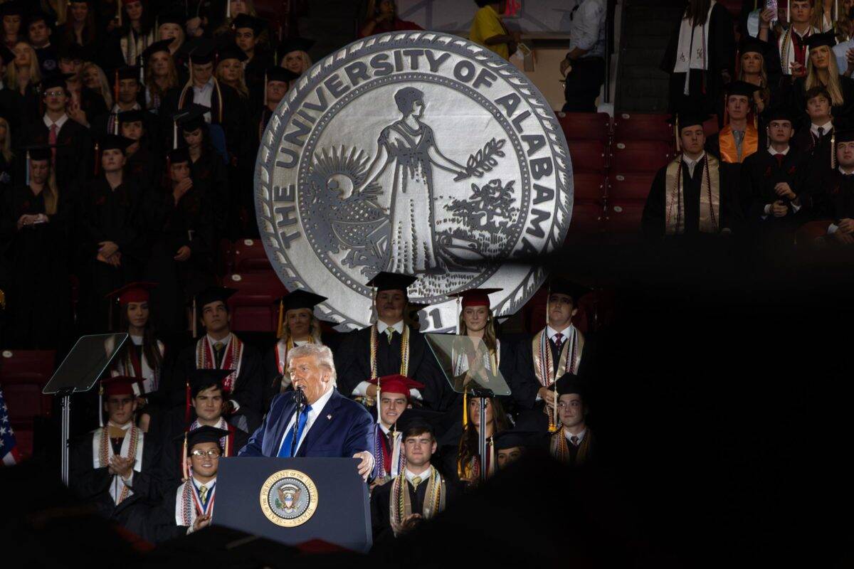 President Donald Trump talks to graduates at the 2025 spring commencement. 